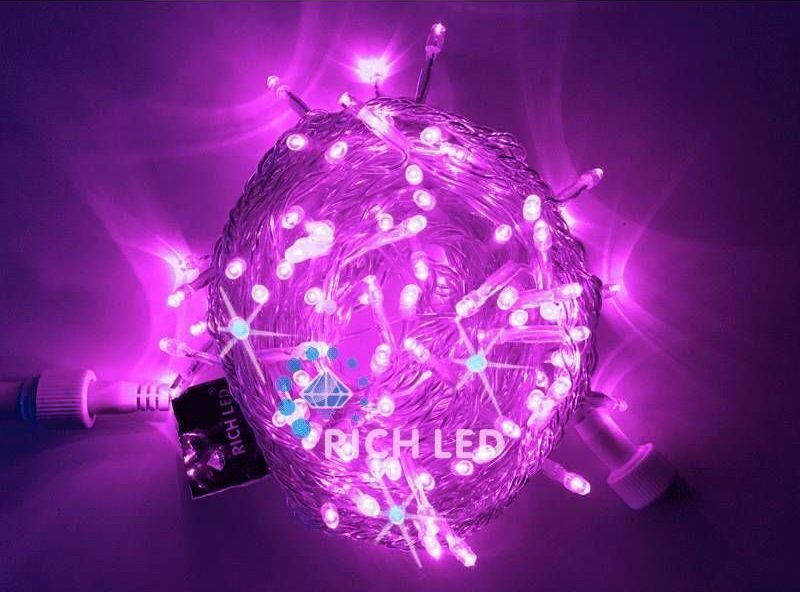 Светодиодная гирлянда Rich LED 10 м, 24 В, фиолетовый, прозрачный провод, статика